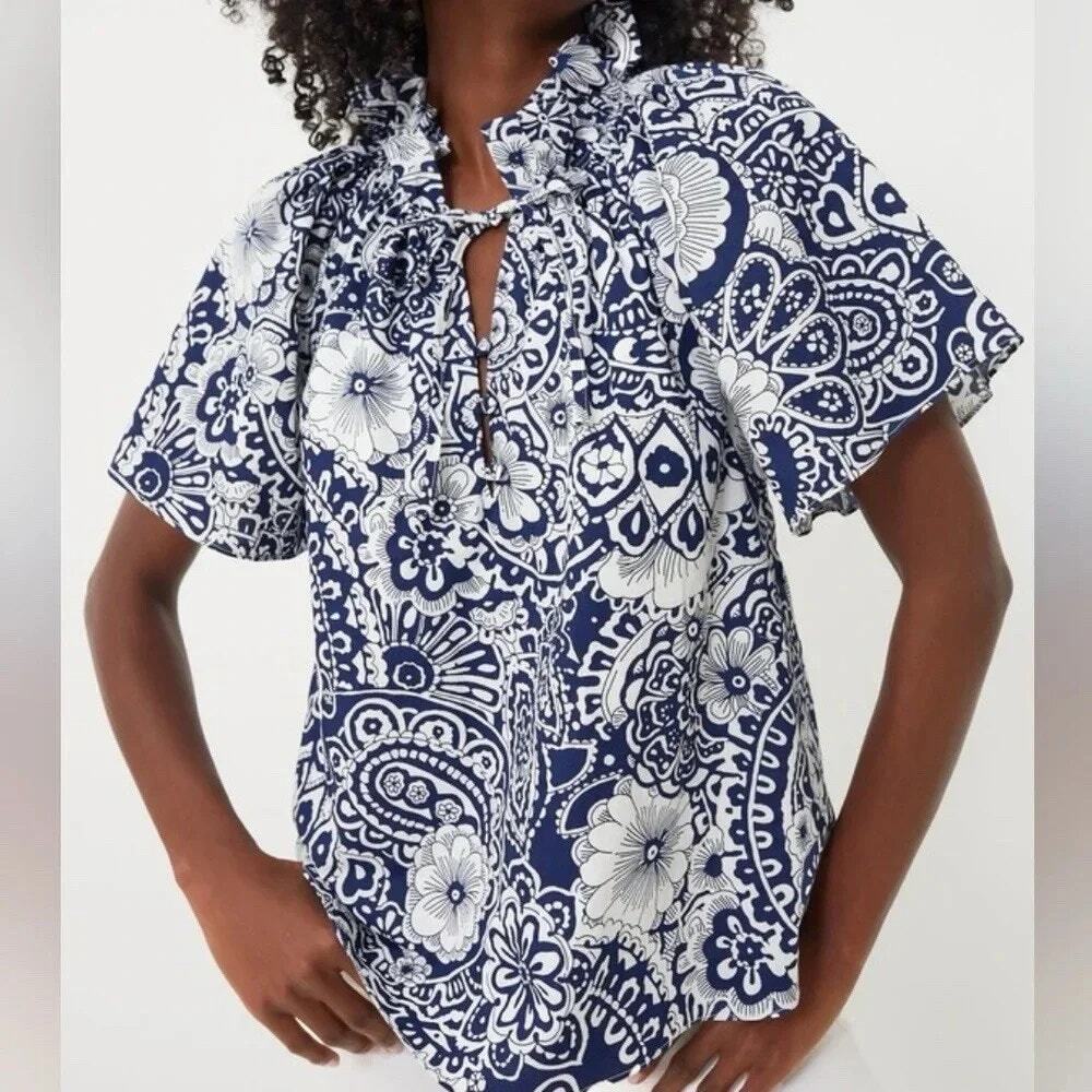 Tuckernuck Hyacinth House Thea Blouse Women XXS Navy White Ruffle Floral Top NEW